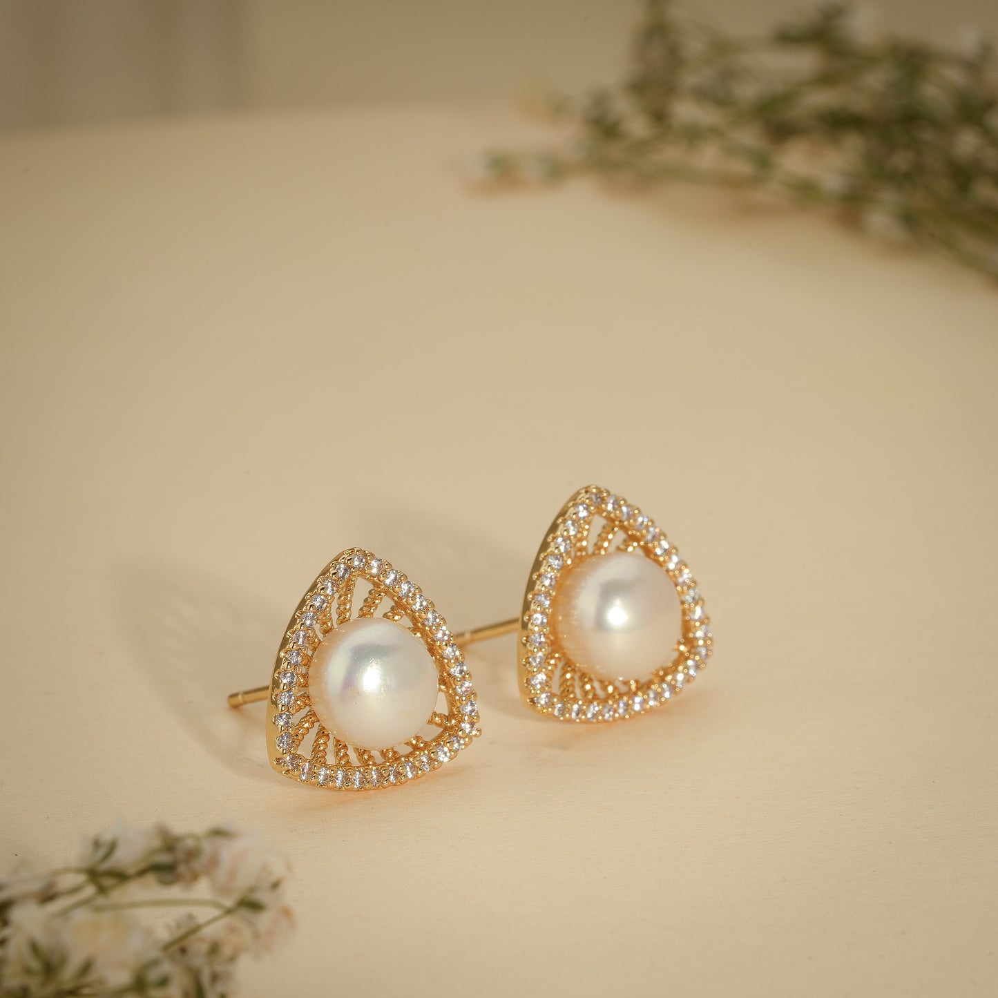 Pearl Triangle Crystal Stud Earrings