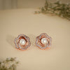 Rose Gold Floral Pearl Stud Earrings – Crystal Flower Design