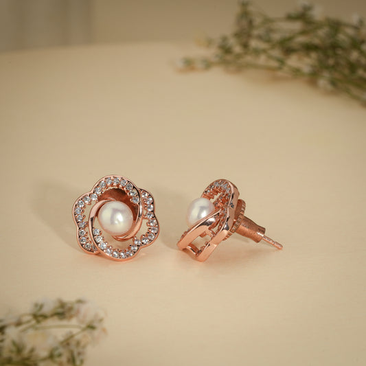 Rose Gold Floral Pearl Stud Earrings – Crystal Flower Design