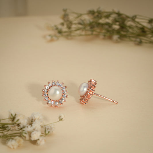 Celestial Pearl Halo Stud Earrings – Rose Gold Plated Anti-Tarnish Earrings