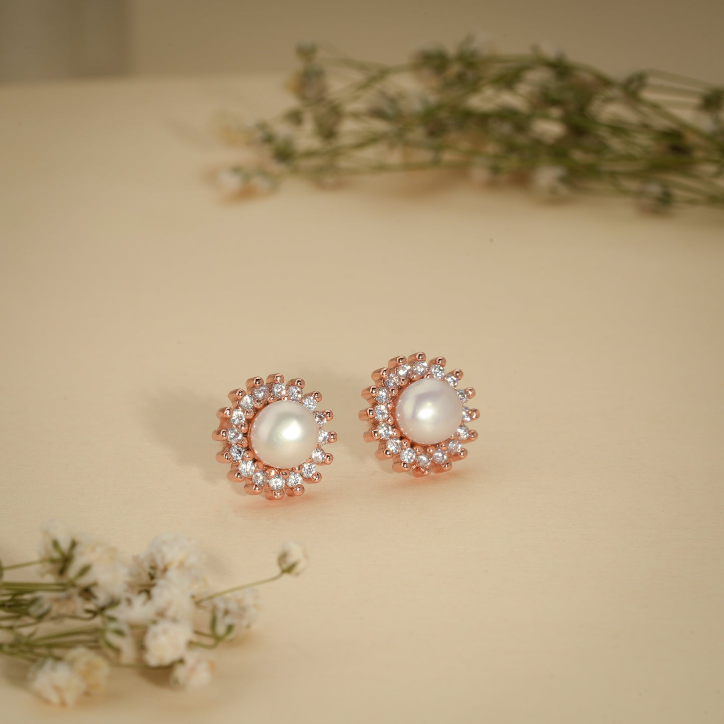 Celestial Pearl Halo Stud Earrings – Rose Gold Plated Anti-Tarnish Earrings