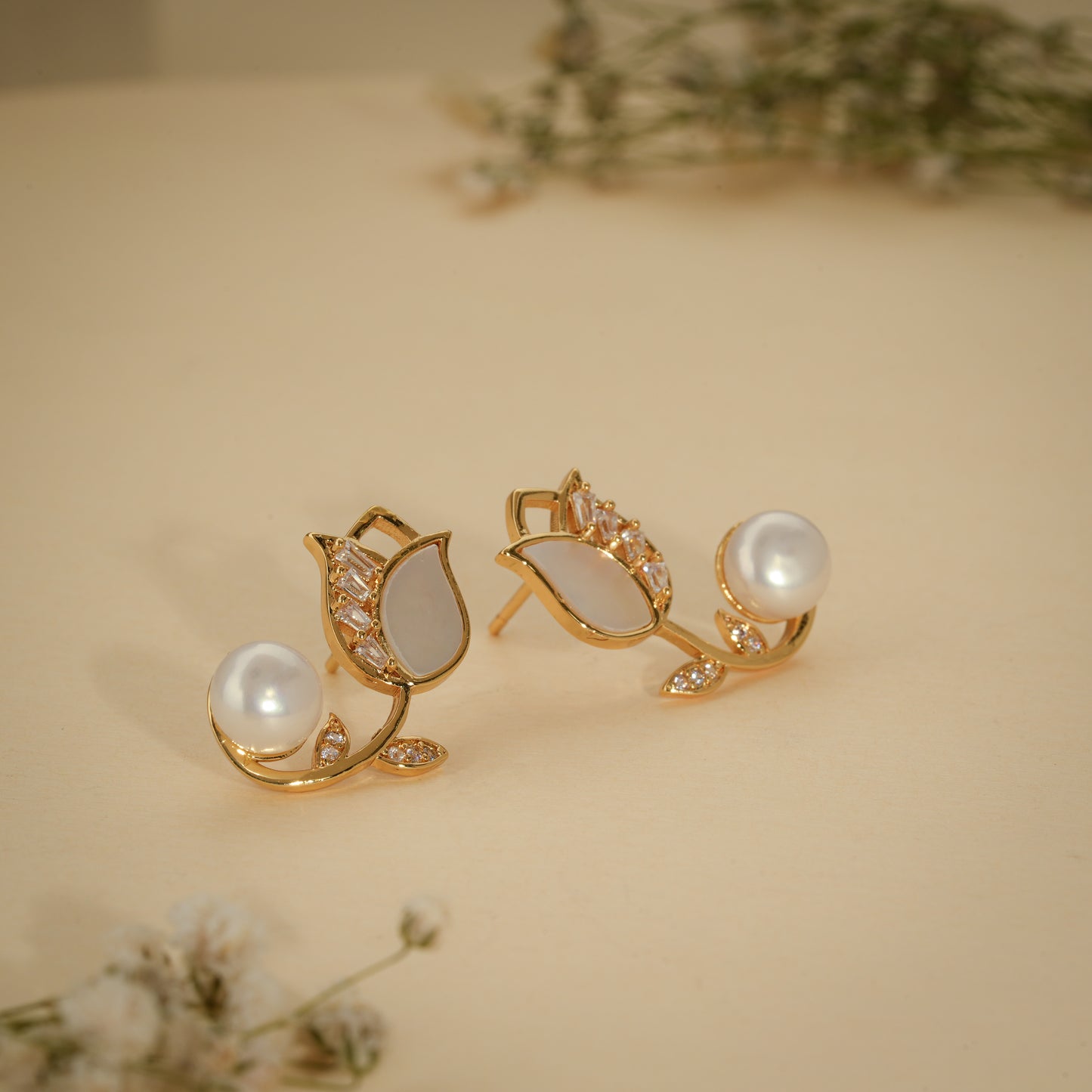 18K Gold Coated Pearl Floral Stud Earrings – Anti Tarnish Demi-Fine Jewellery