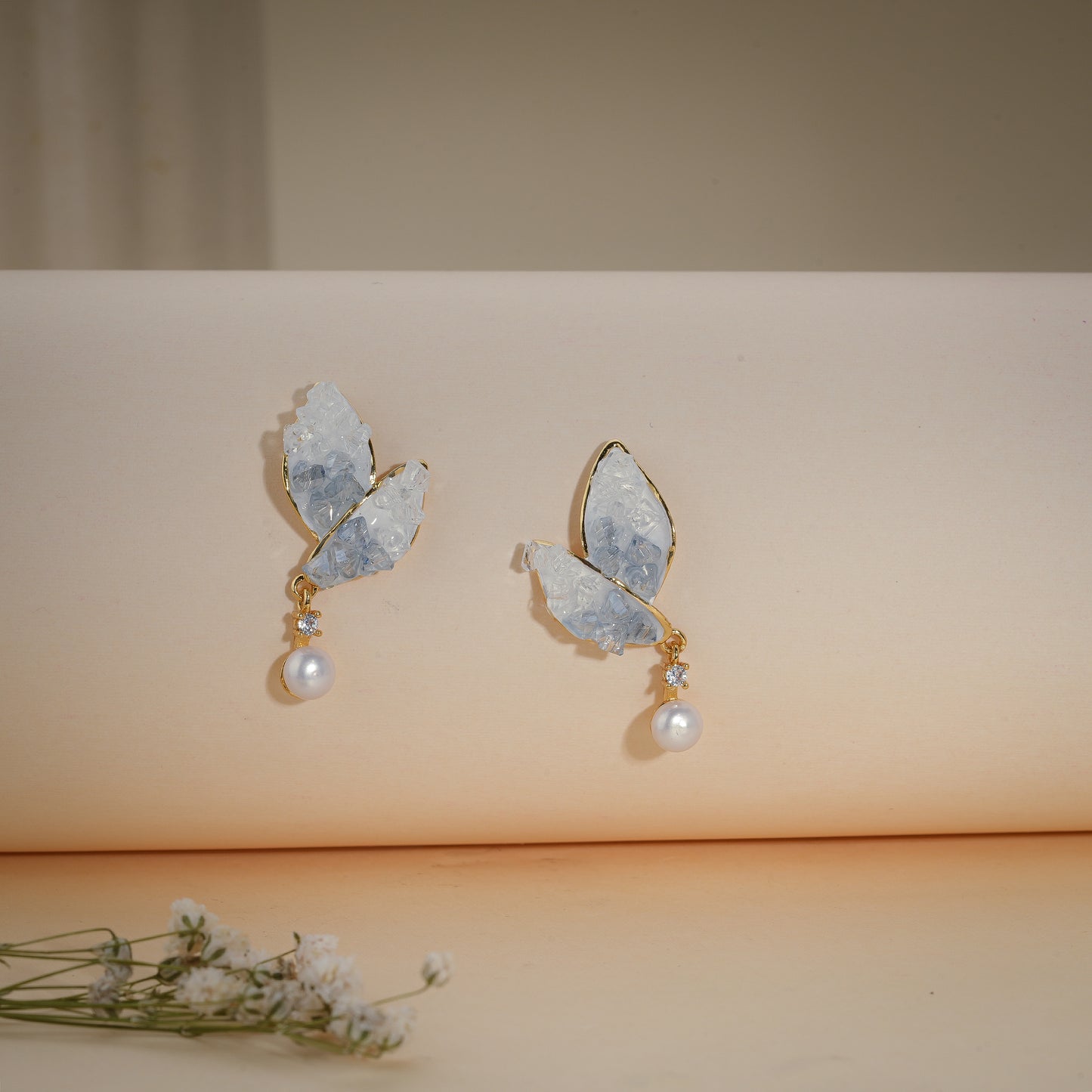 Ice Crystal Butterfly Pearl Drop Earrings – 18K Gold Plated Anti-Tarnish Earrings