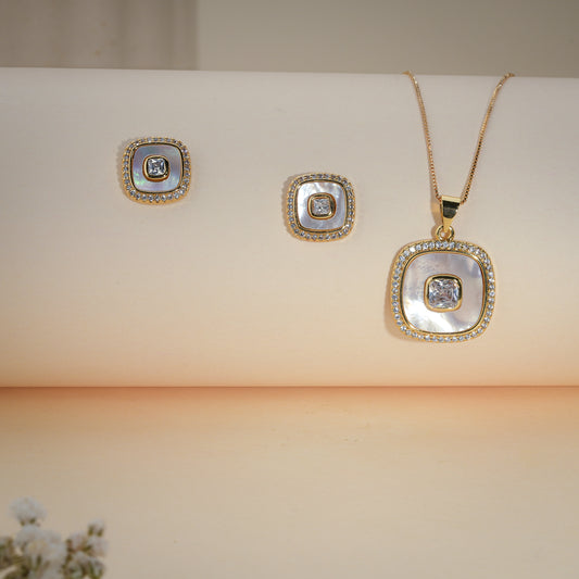 Elegant Mother of Pearl Cushion Pendant Necklace & Stud Earrings Set – Gold Plated Crystal Jewelry
