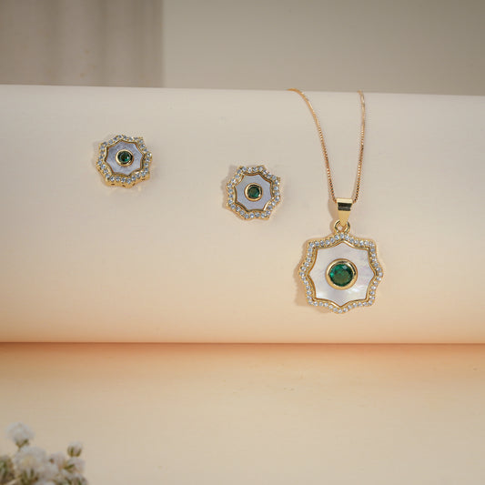 Emerald Crystal & Mother of Pearl Floral Pendant Necklace Set