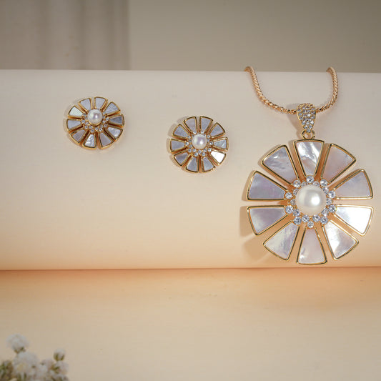 Luxury Mother of Pearl Floral Pendant Set with Stud Earrings – Gold Finish