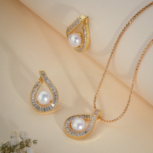 Classic Teardrop Pearl Pendant Set with Baguette CZ – Gold Finish