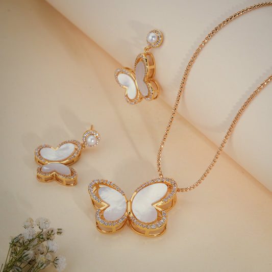 Luxury Butterfly Mother of Pearl Pendant Set with CZ – Gold Finish