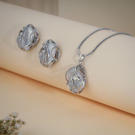 Elegant Baroque Pearl Pendant Set with CZ – Silver Finish Designer Jewelry