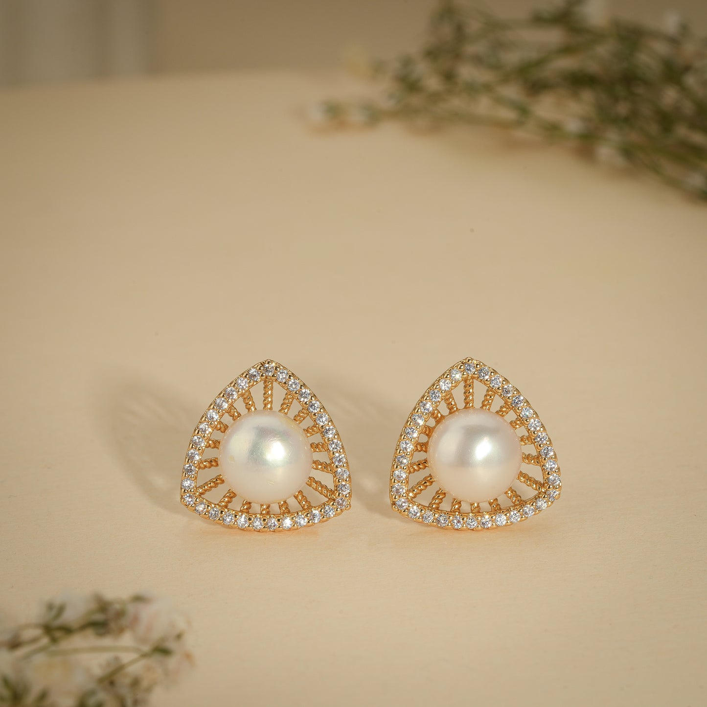 Pearl Triangle Crystal Stud Earrings