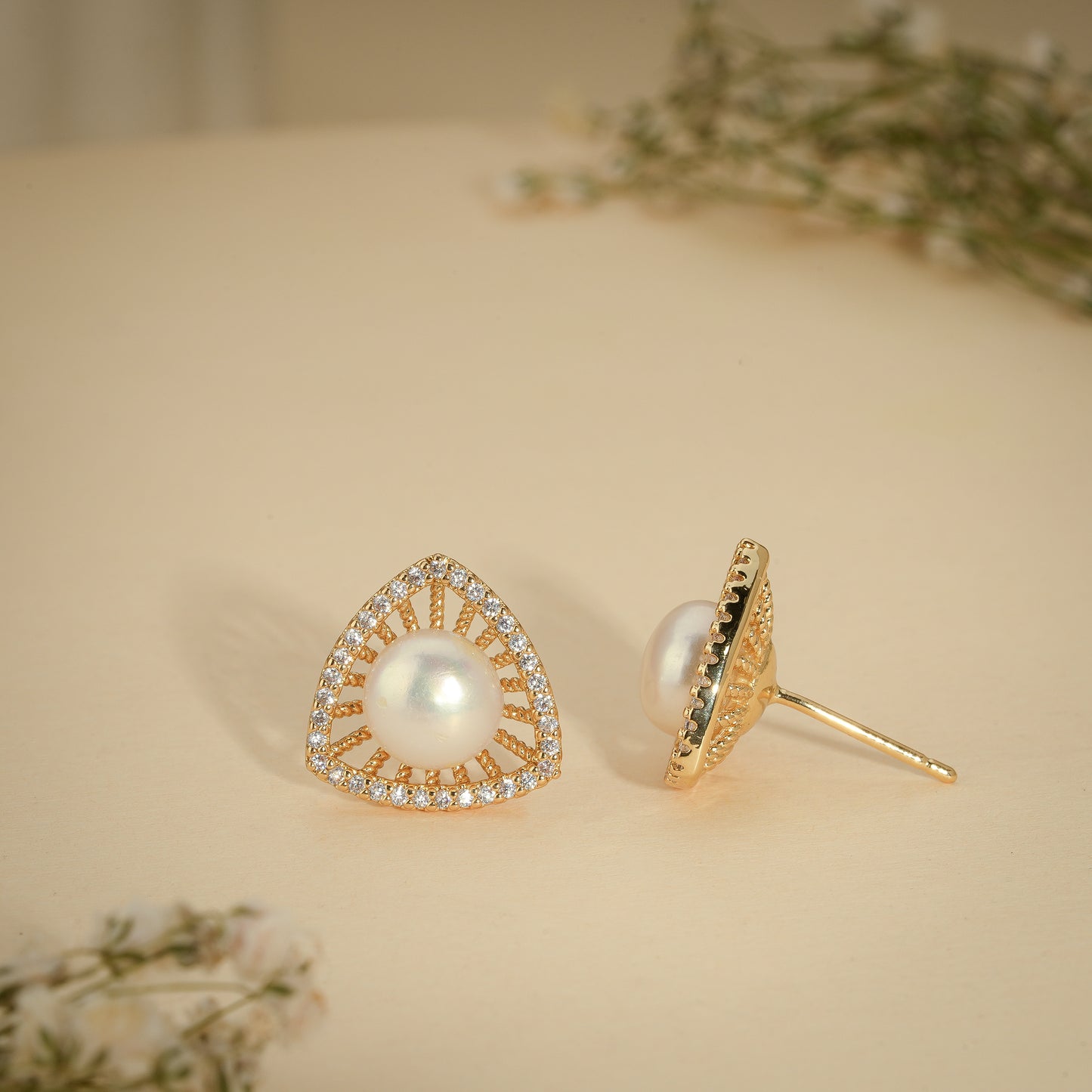 Pearl Triangle Crystal Stud Earrings