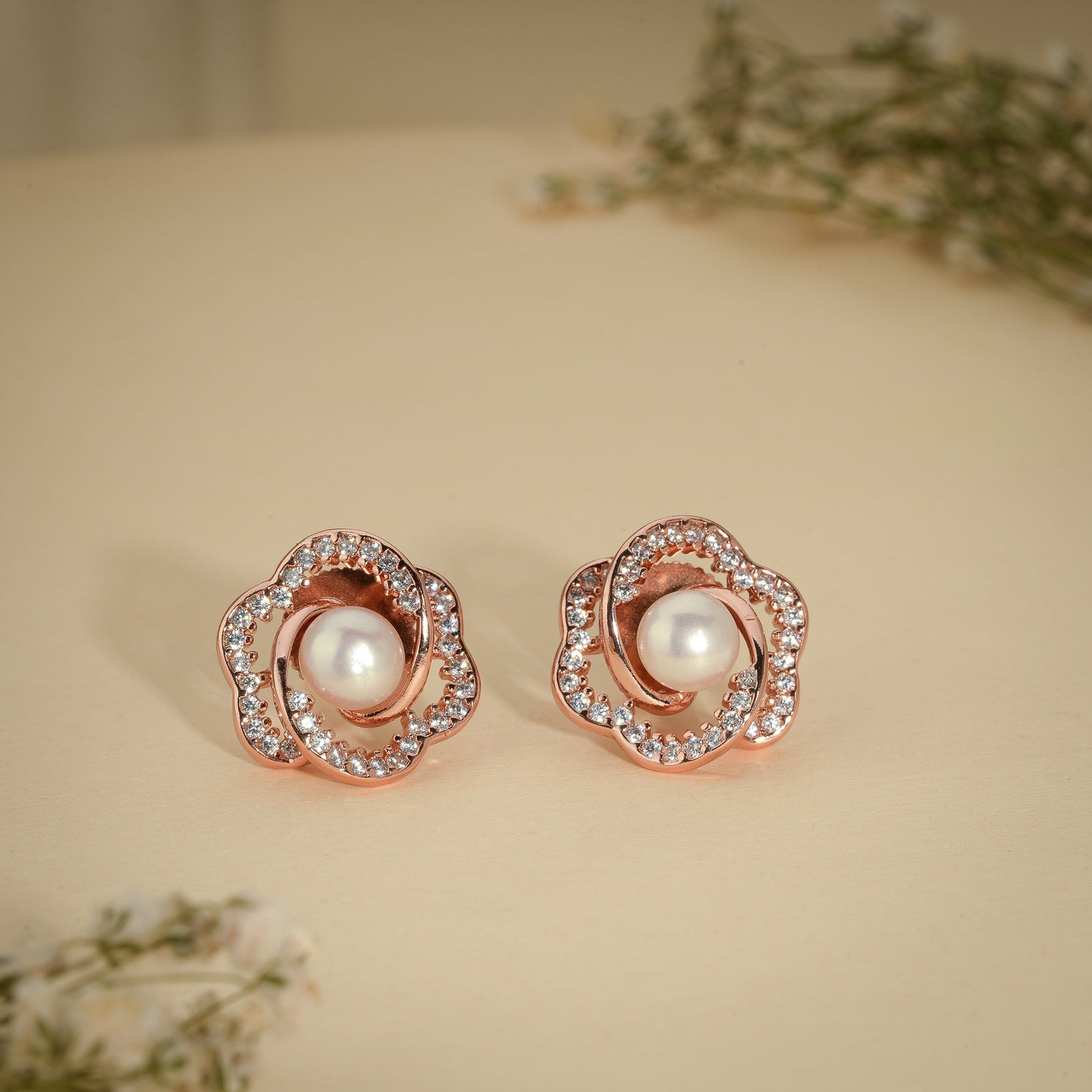 Rose Gold Floral Pearl Stud Earrings – Crystal Flower Design