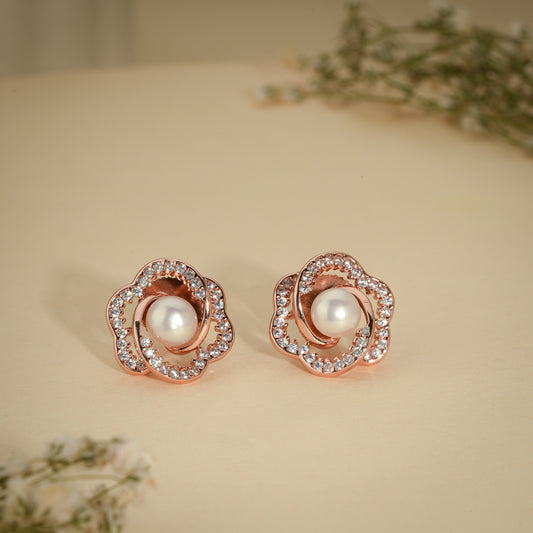Rose Gold Floral Pearl Stud Earrings – Crystal Flower Design