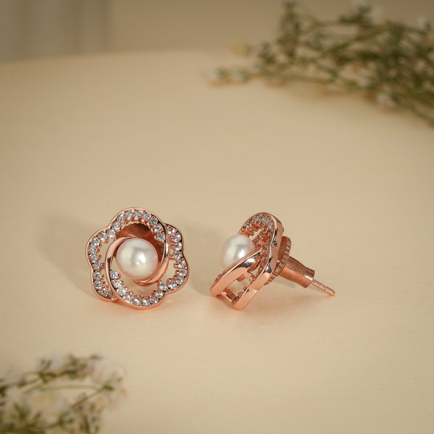 Rose Gold Floral Pearl Stud Earrings – Crystal Flower Design