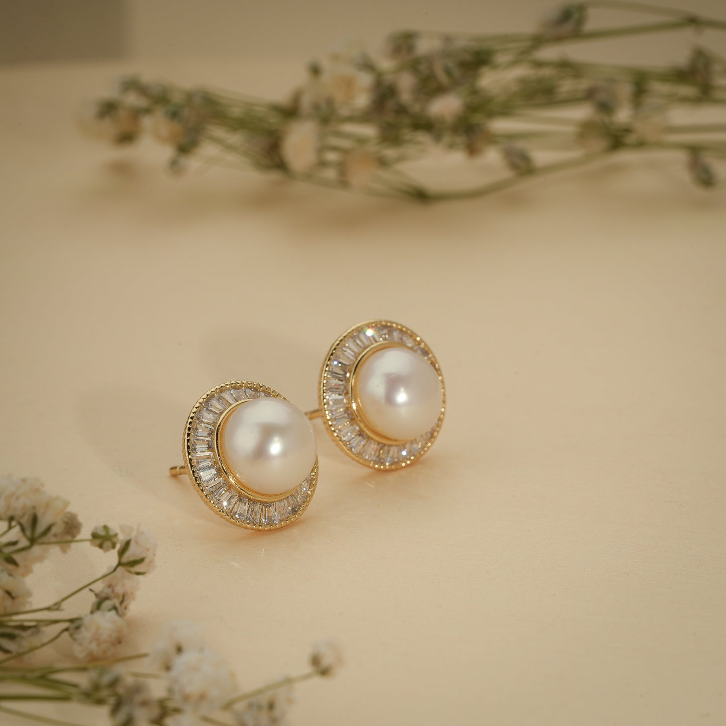 Pearl Halo Crystal Stud Earrings – Luxury Demi Fine Jewellery