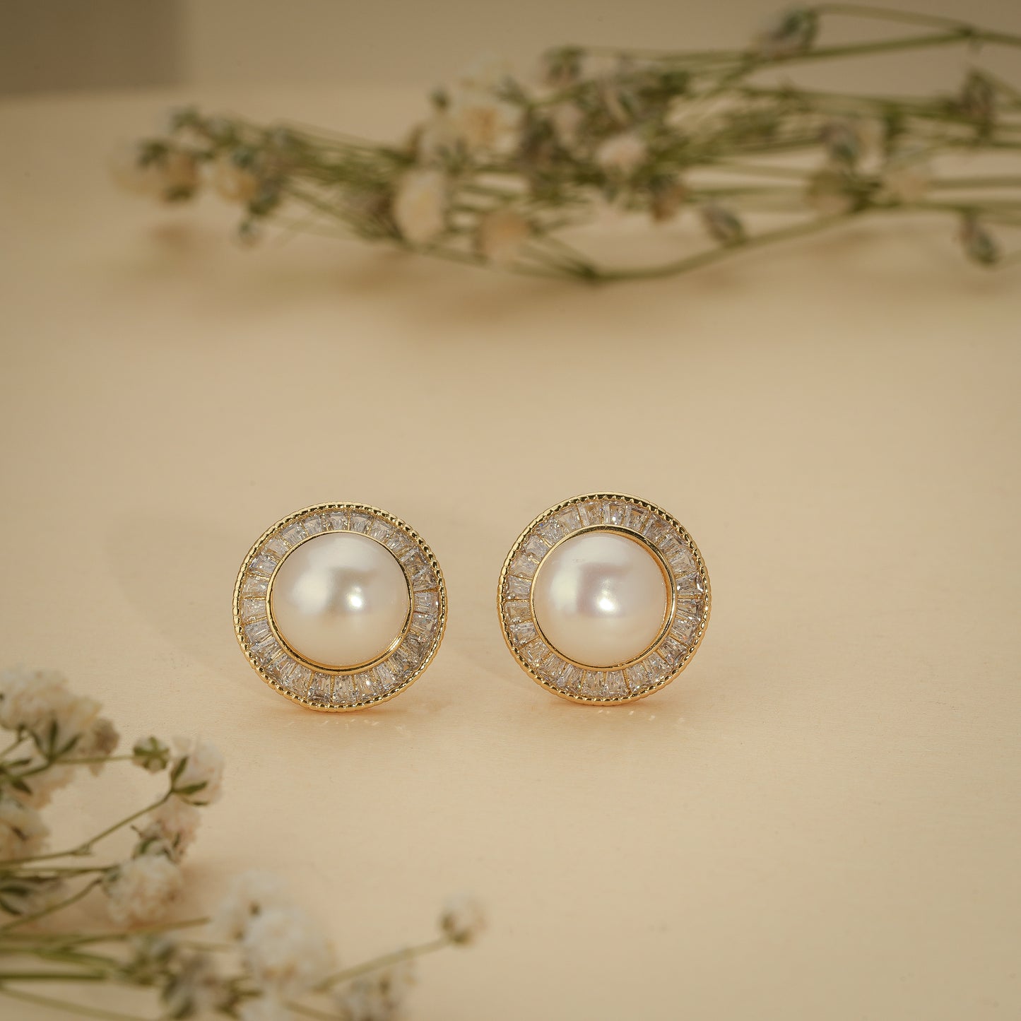 Pearl Halo Crystal Stud Earrings – Luxury Demi Fine Jewellery