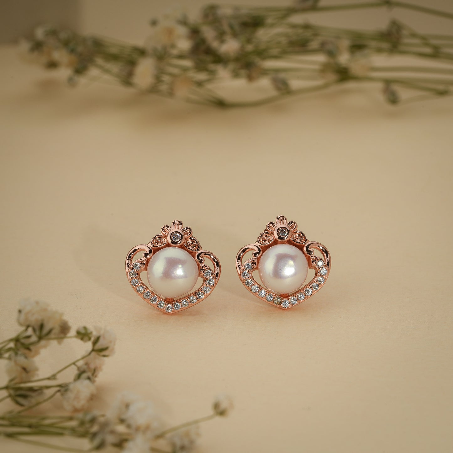Royal Pearl Crown Stud Earrings – Rose Gold Plated Anti-Tarnish Earrings
