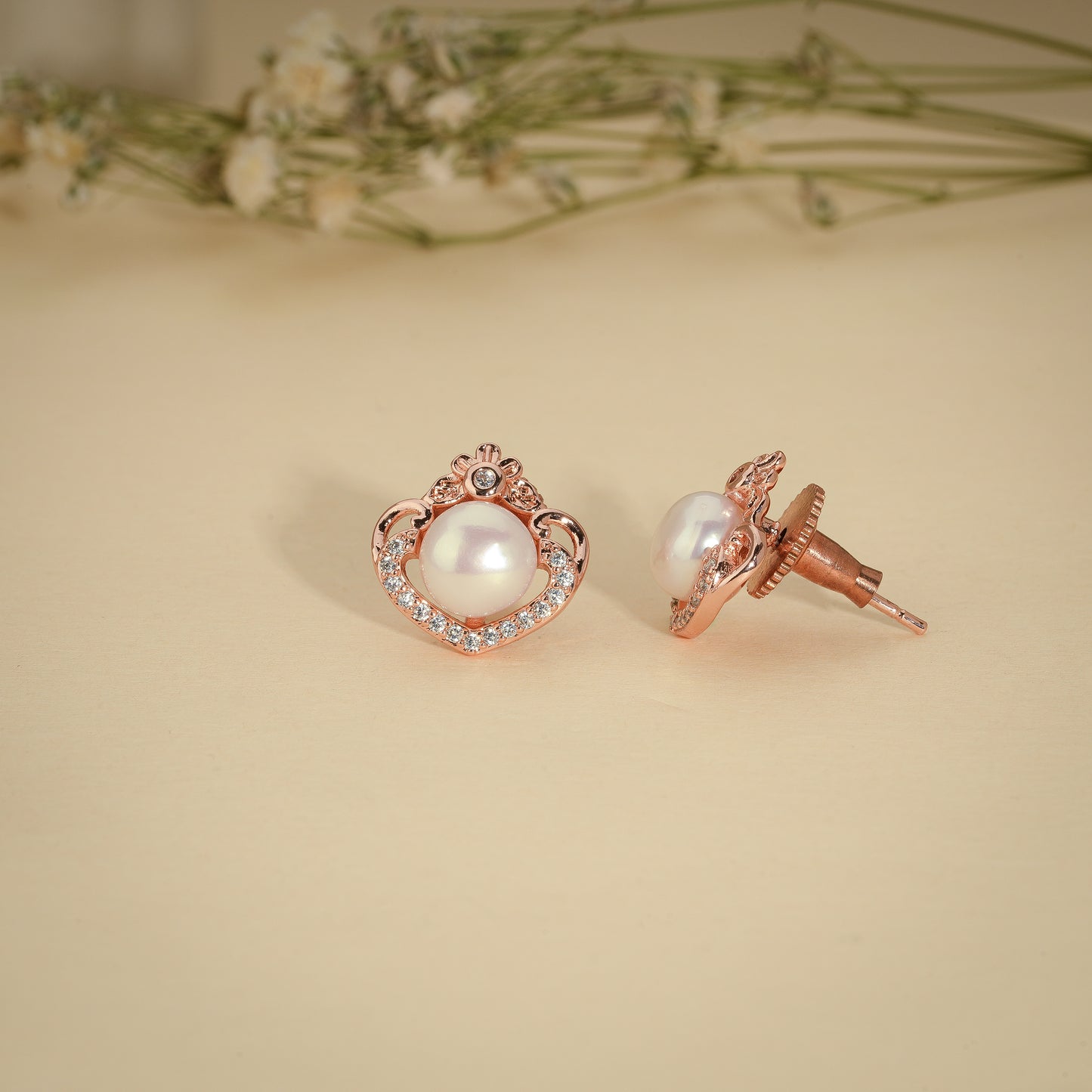 Royal Pearl Crown Stud Earrings – Rose Gold Plated Anti-Tarnish Earrings