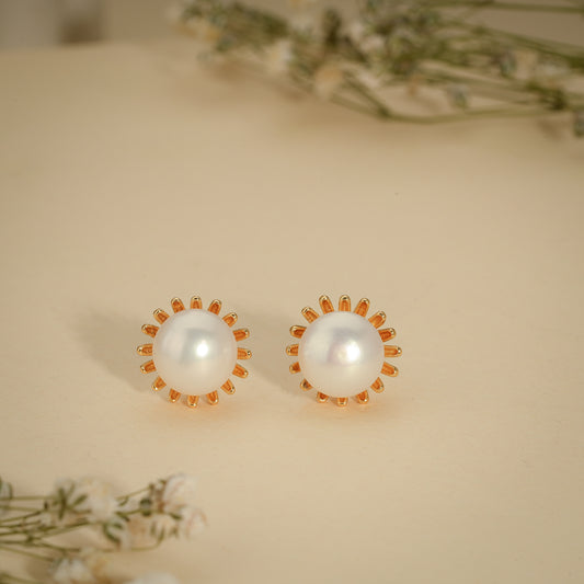 Sunburst Pearl Stud Earrings – Modern Gold Plated Design