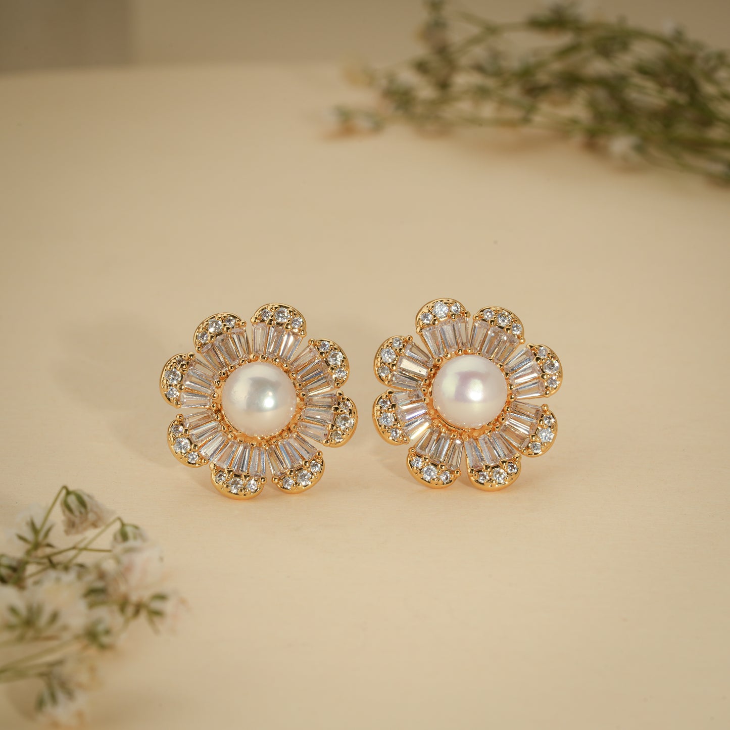 Radiant Pearl Bloom Stud Earrings – 18K Gold Plated Anti-Tarnish Earrings