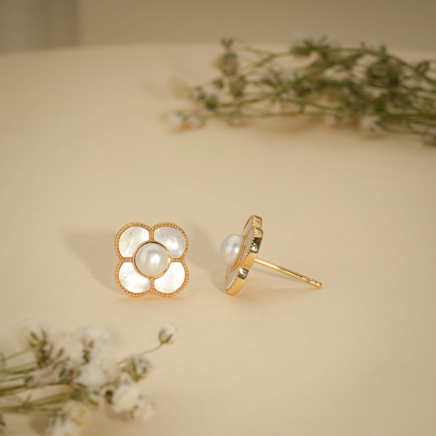 Pearl Clover Stud Earrings – 18K Gold Plated Anti-Tarnish Earrings