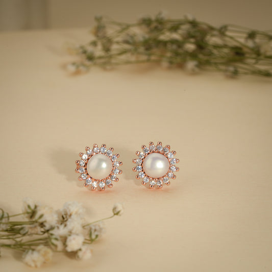 Celestial Pearl Halo Stud Earrings – Rose Gold Plated Anti-Tarnish Earrings