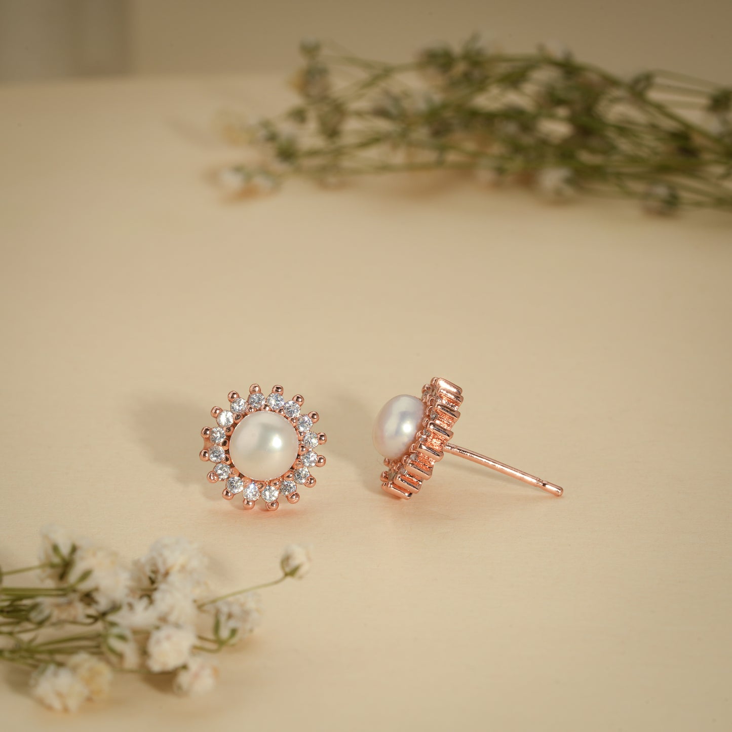Celestial Pearl Halo Stud Earrings – Rose Gold Plated Anti-Tarnish Earrings