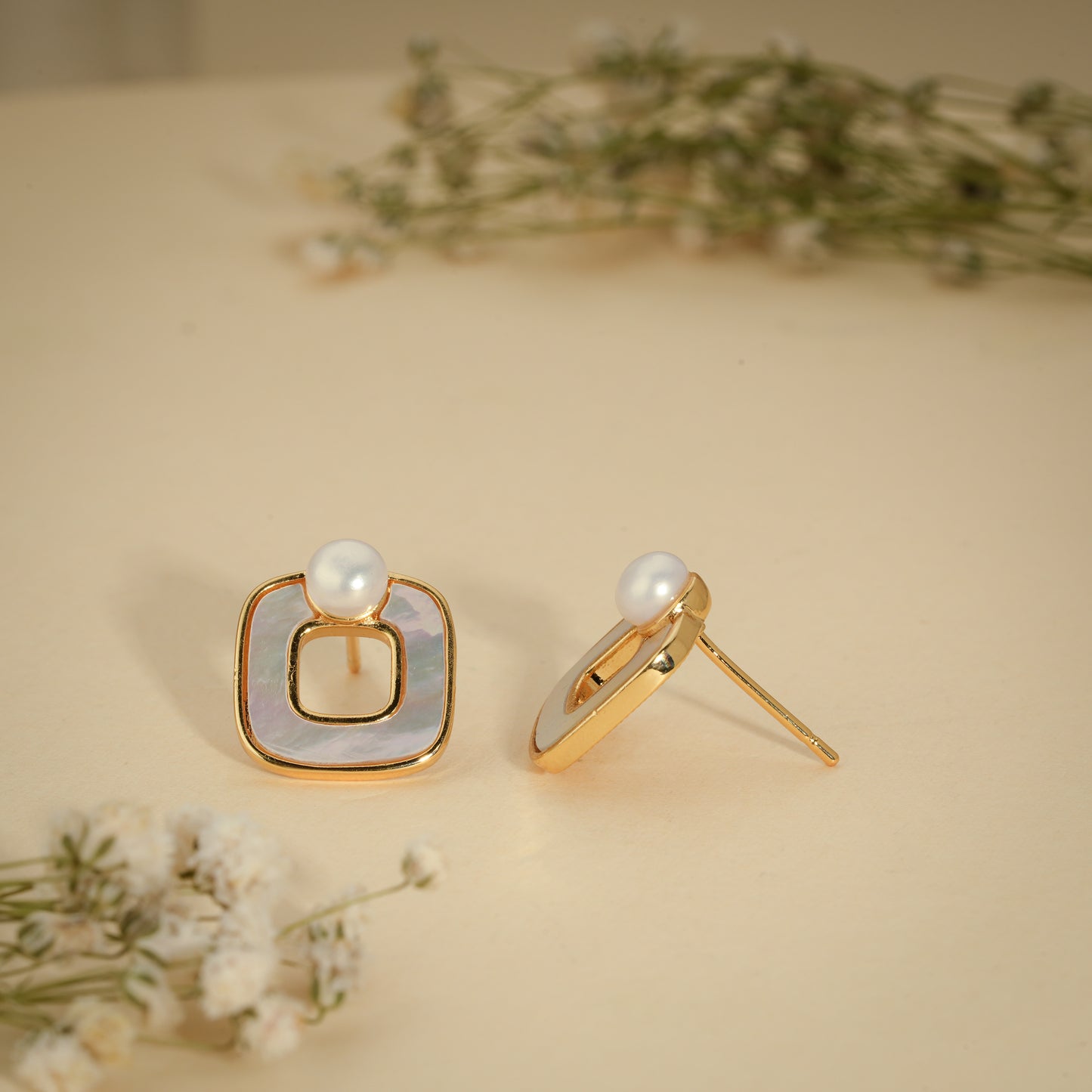 Geometric Pearl Stud Earrings