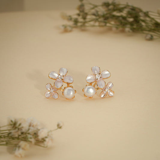 Pearl Blossom Floral Stud Earrings – 18K Gold Plated Anti-Tarnish Earrings