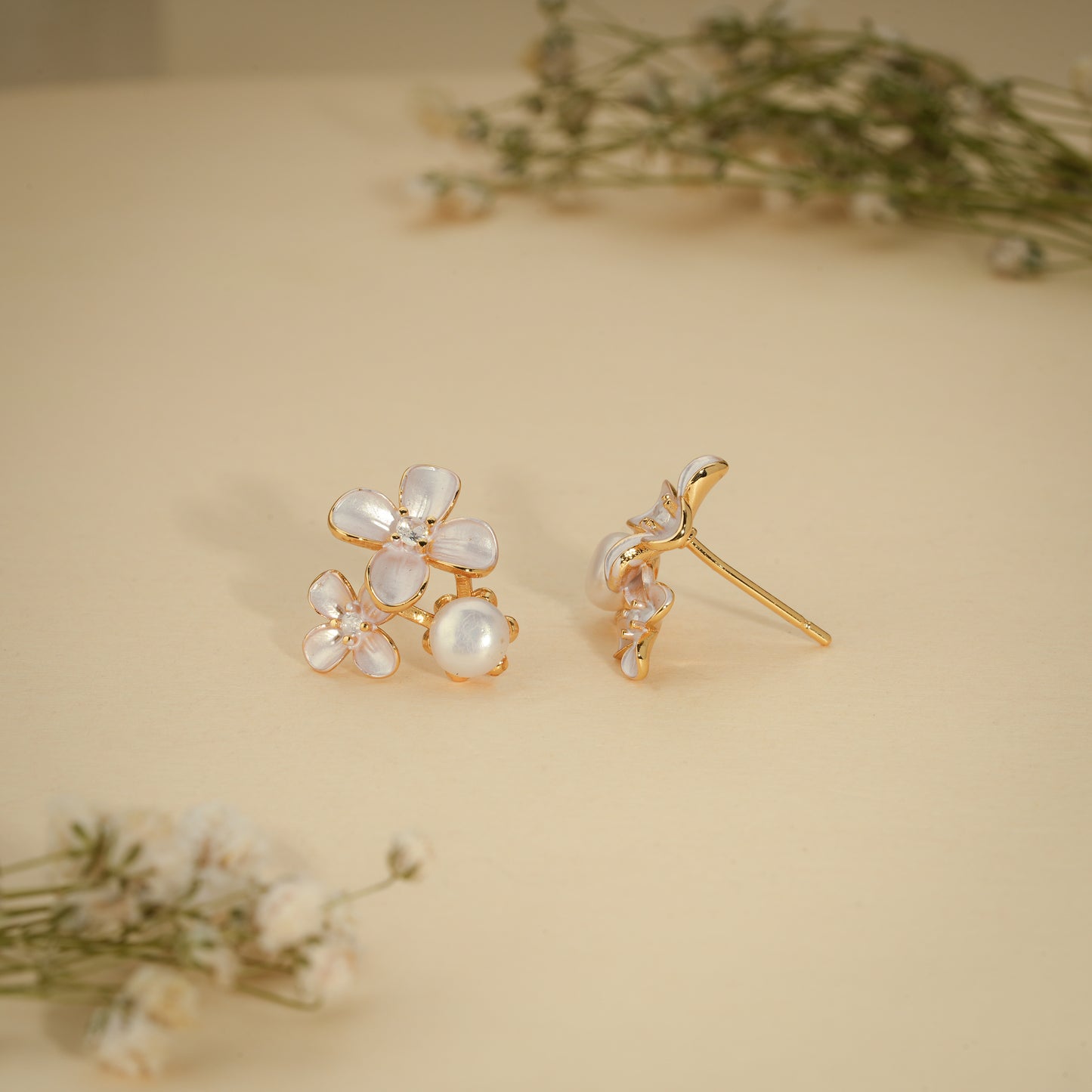 Pearl Blossom Floral Stud Earrings – 18K Gold Plated Anti-Tarnish Earrings