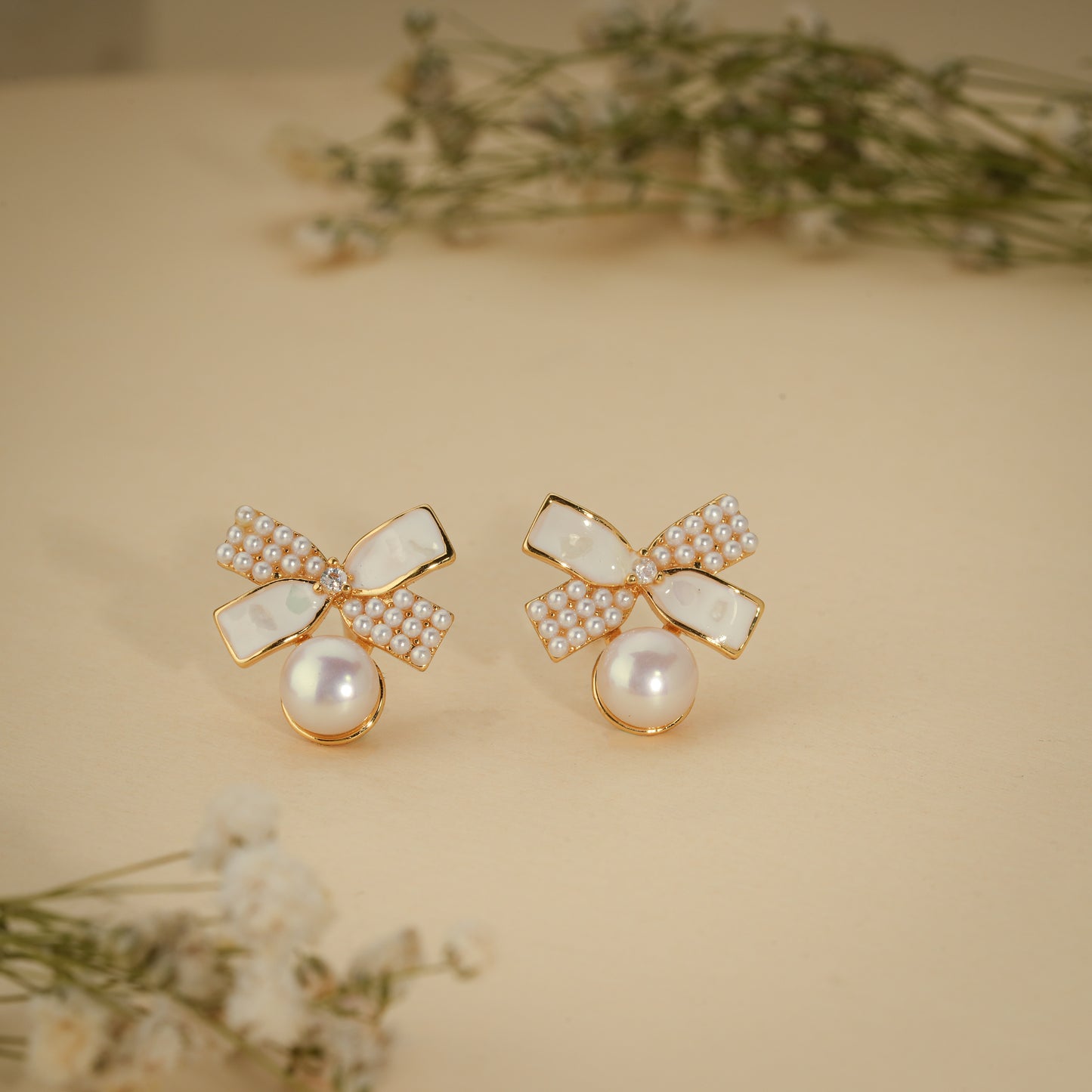 Pearl Bow Charm Stud Earrings – 18K Gold Plated Anti-Tarnish Earrings