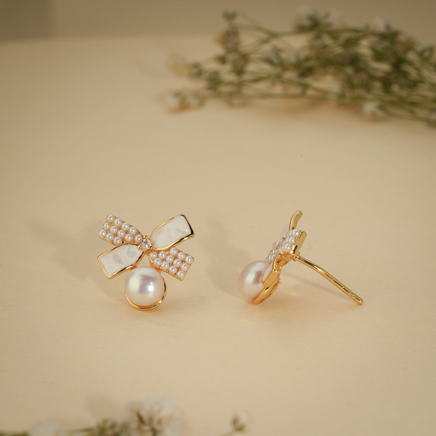 Pearl Bow Charm Stud Earrings – 18K Gold Plated Anti-Tarnish Earrings