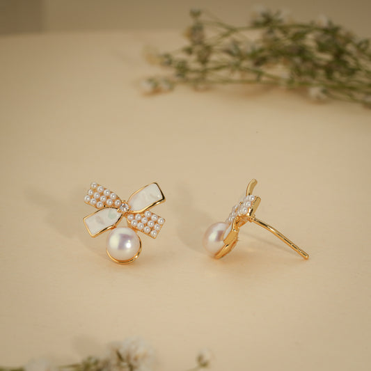 Pearl Bow Charm Stud Earrings – 18K Gold Plated Anti-Tarnish Earrings