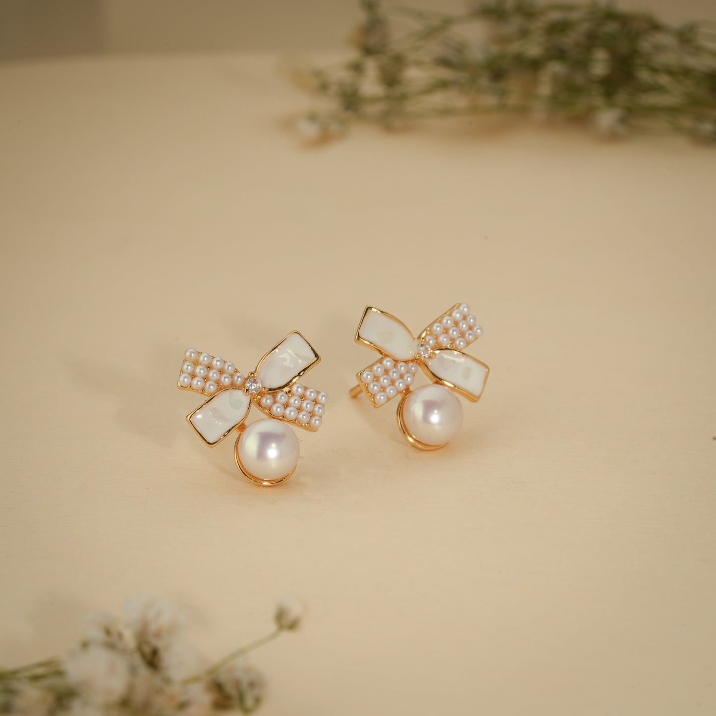 Pearl Bow Charm Stud Earrings – 18K Gold Plated Anti-Tarnish Earrings