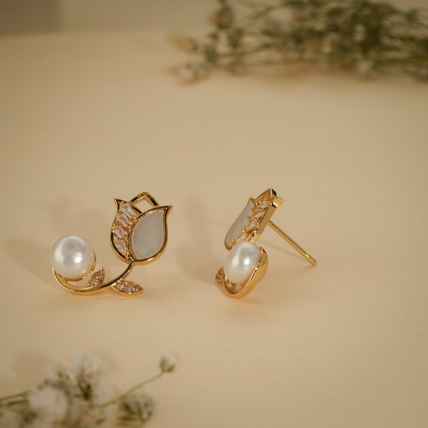 18K Gold Coated Pearl Floral Stud Earrings – Anti Tarnish Demi-Fine Jewellery