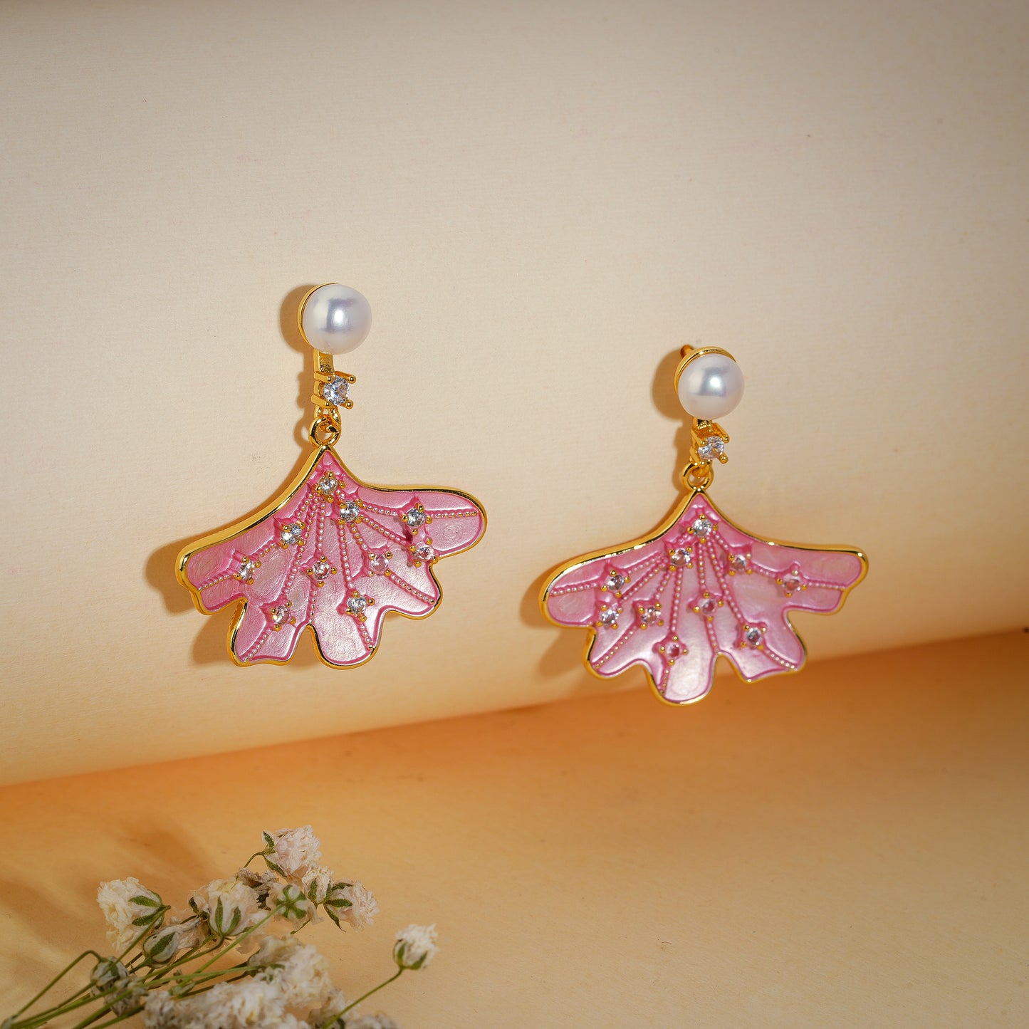 Blush Pearl Floral Drop Earrings – 18K Gold Plated Anti-Tarnish Earrings