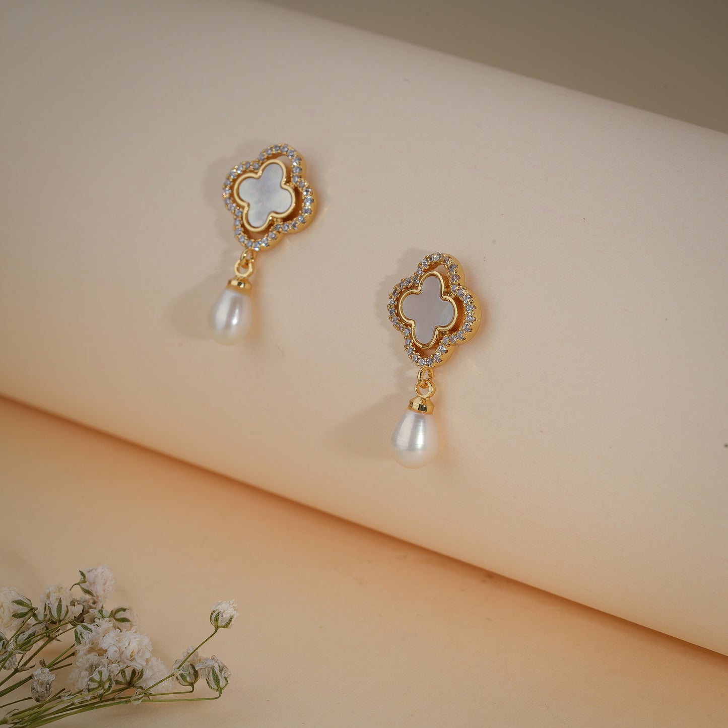Pearl Clover Drop Earrings – 18K Gold Plated Anti-Tarnish Earrings