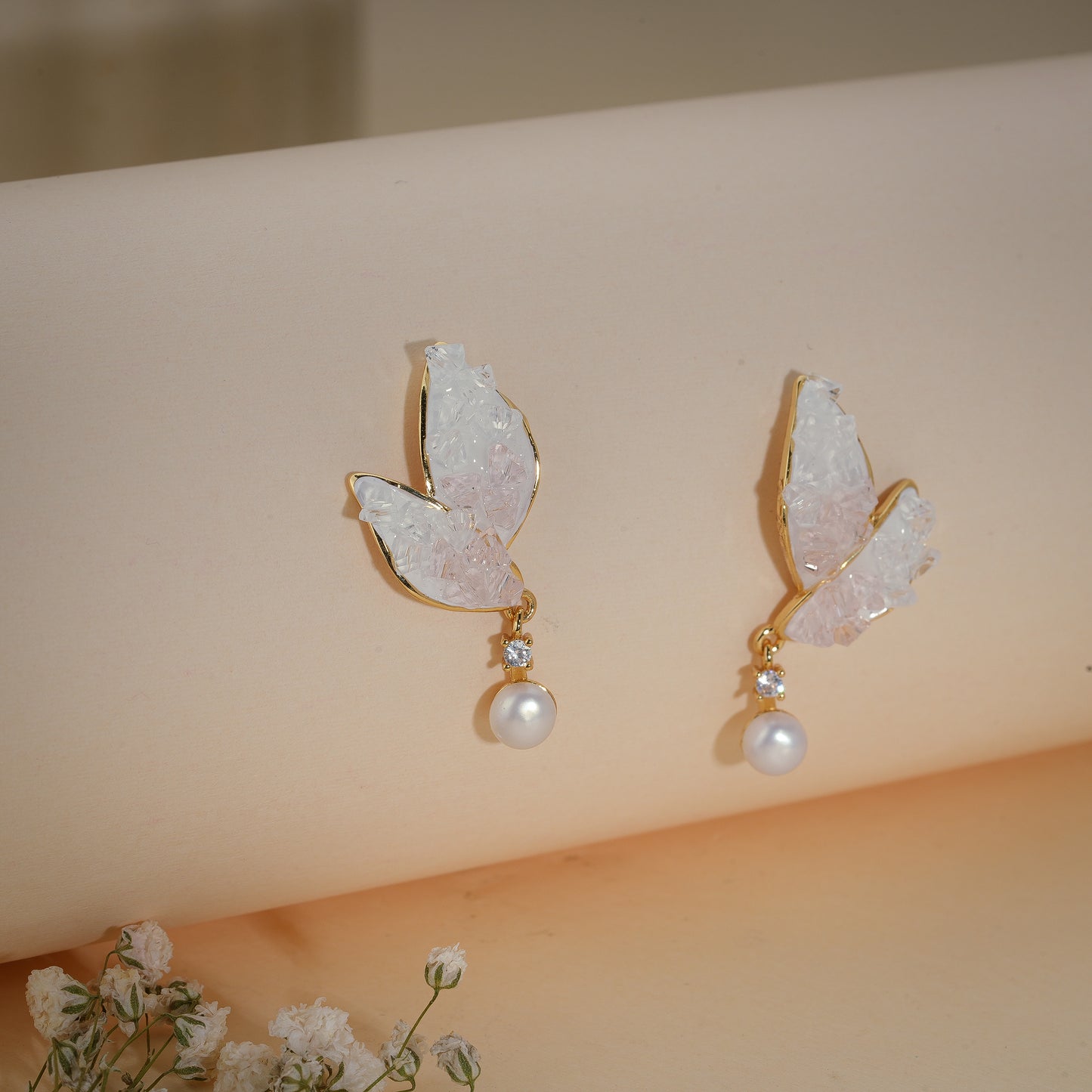 Blush Crystal Butterfly Pearl Drop Earrings – 18K Gold Plated Anti-Tarnish Earrings
