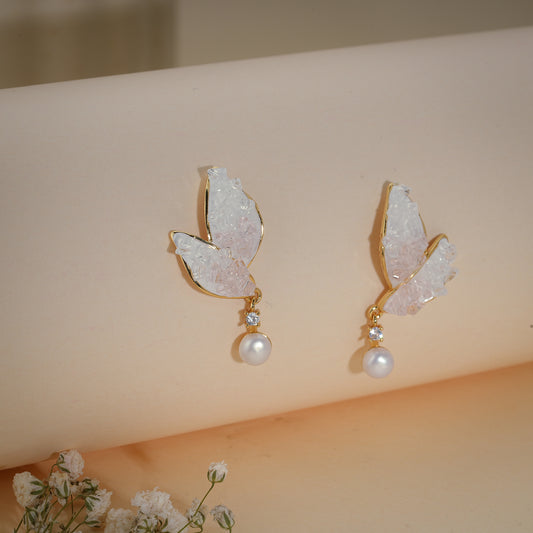 Blush Crystal Butterfly Pearl Drop Earrings – 18K Gold Plated Anti-Tarnish Earrings