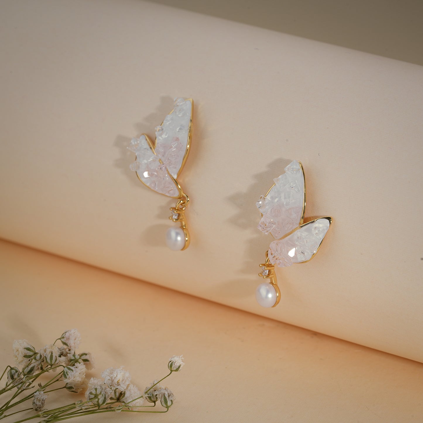 Blush Crystal Butterfly Pearl Drop Earrings – 18K Gold Plated Anti-Tarnish Earrings
