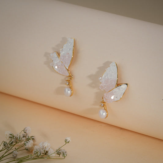 Blush Crystal Butterfly Pearl Drop Earrings – 18K Gold Plated Anti-Tarnish Earrings
