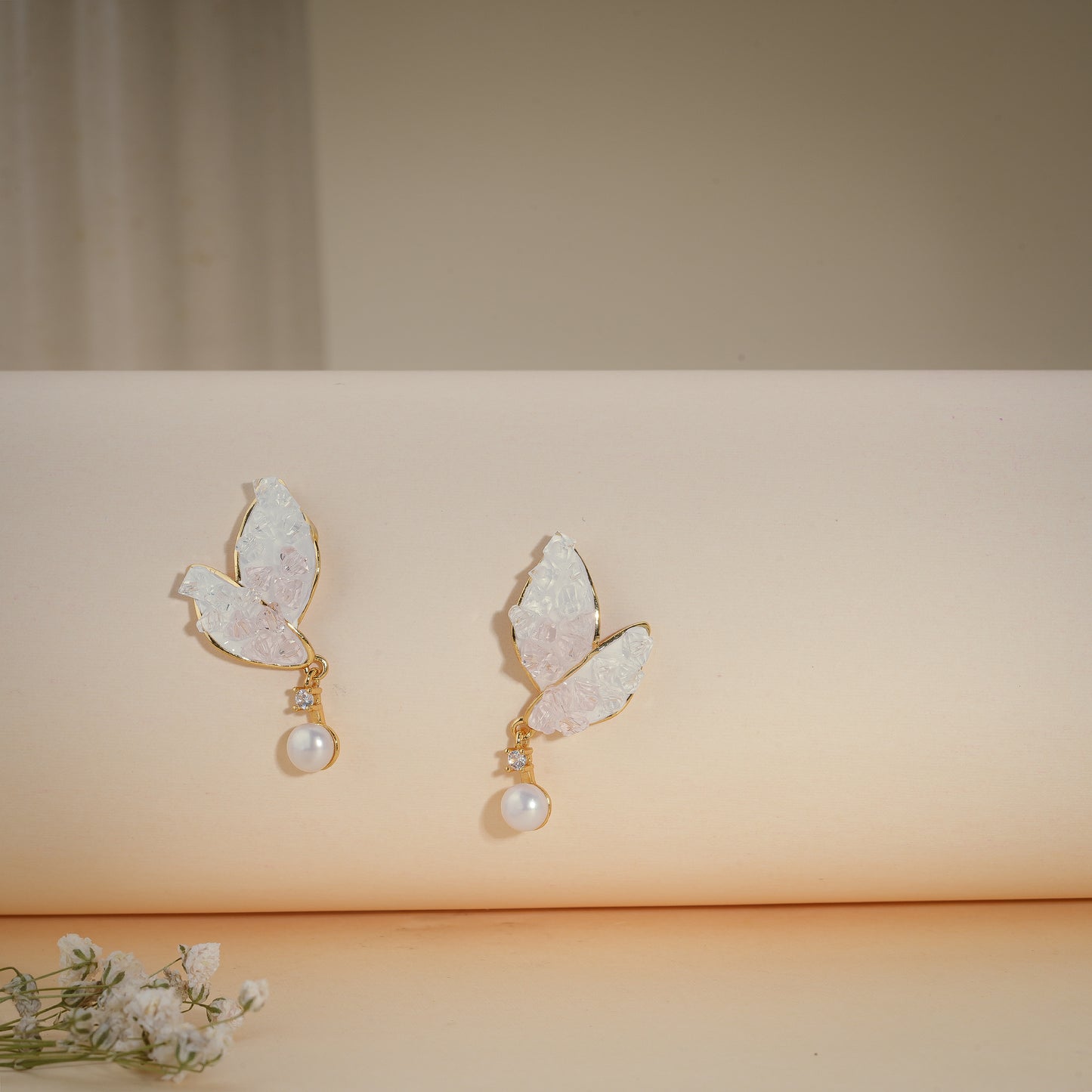 Blush Crystal Butterfly Pearl Drop Earrings – 18K Gold Plated Anti-Tarnish Earrings