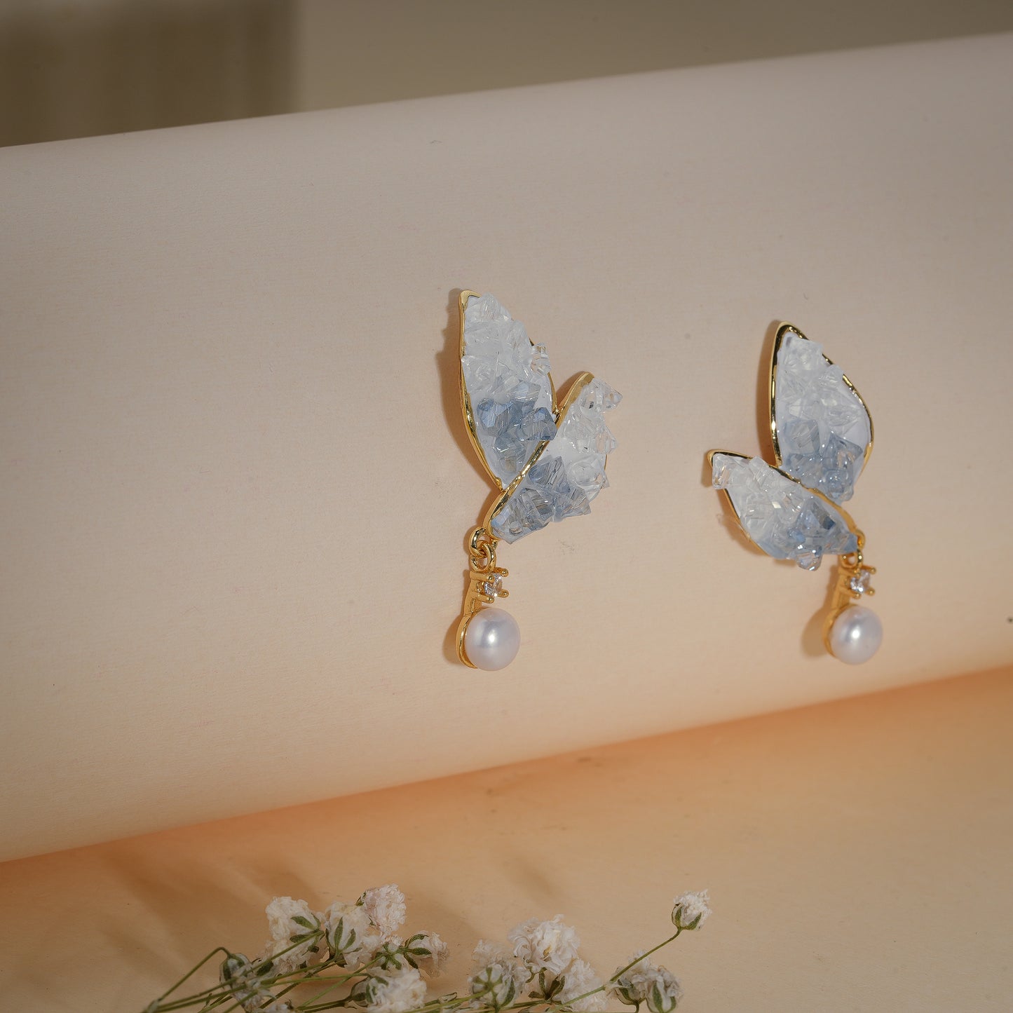 Ice Crystal Butterfly Pearl Drop Earrings – 18K Gold Plated Anti-Tarnish Earrings