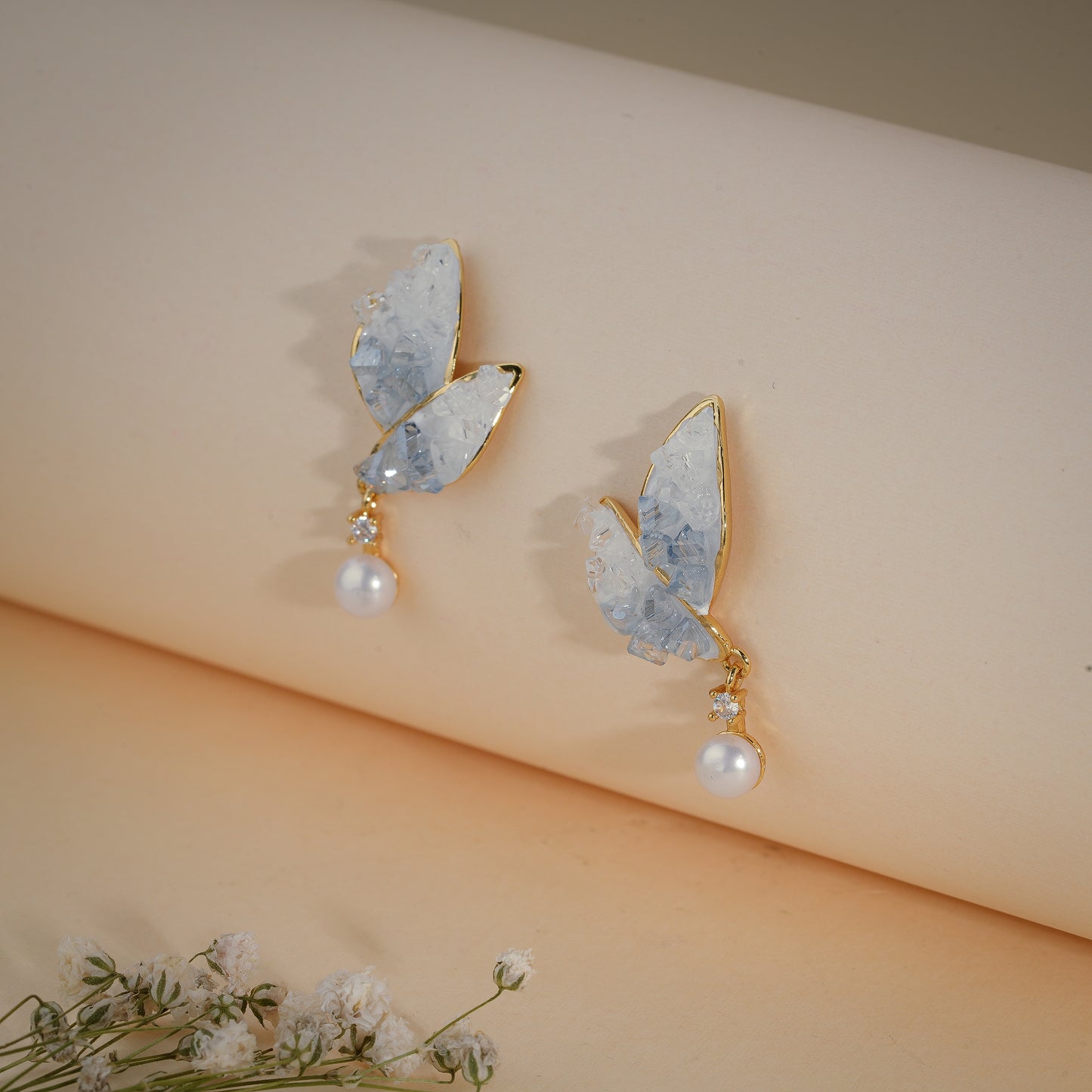 Ice Crystal Butterfly Pearl Drop Earrings – 18K Gold Plated Anti-Tarnish Earrings