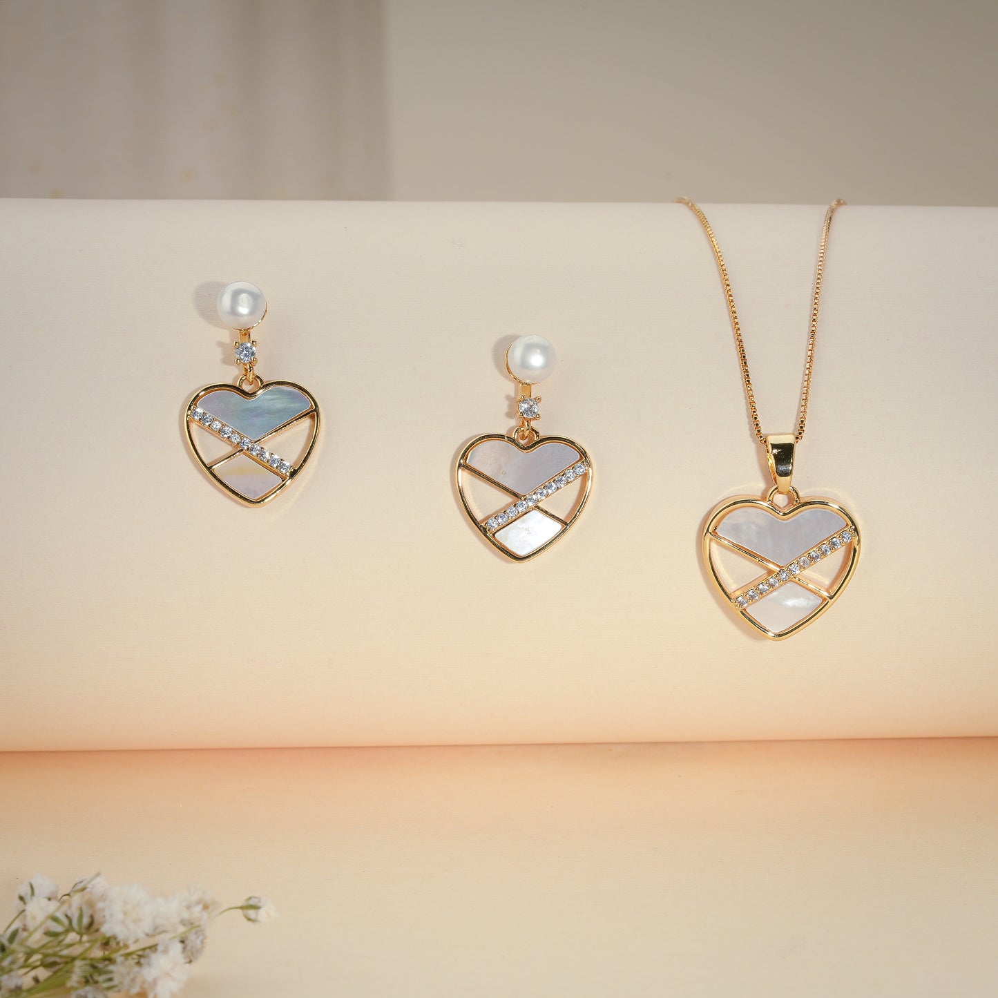 Pearl Heart Pendant & Earrings Set
