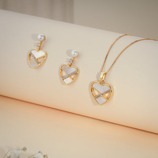 Pearl Heart Pendant & Earrings Set