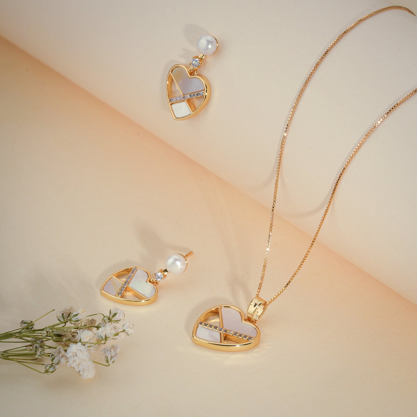 Pearl Heart Pendant & Earrings Set