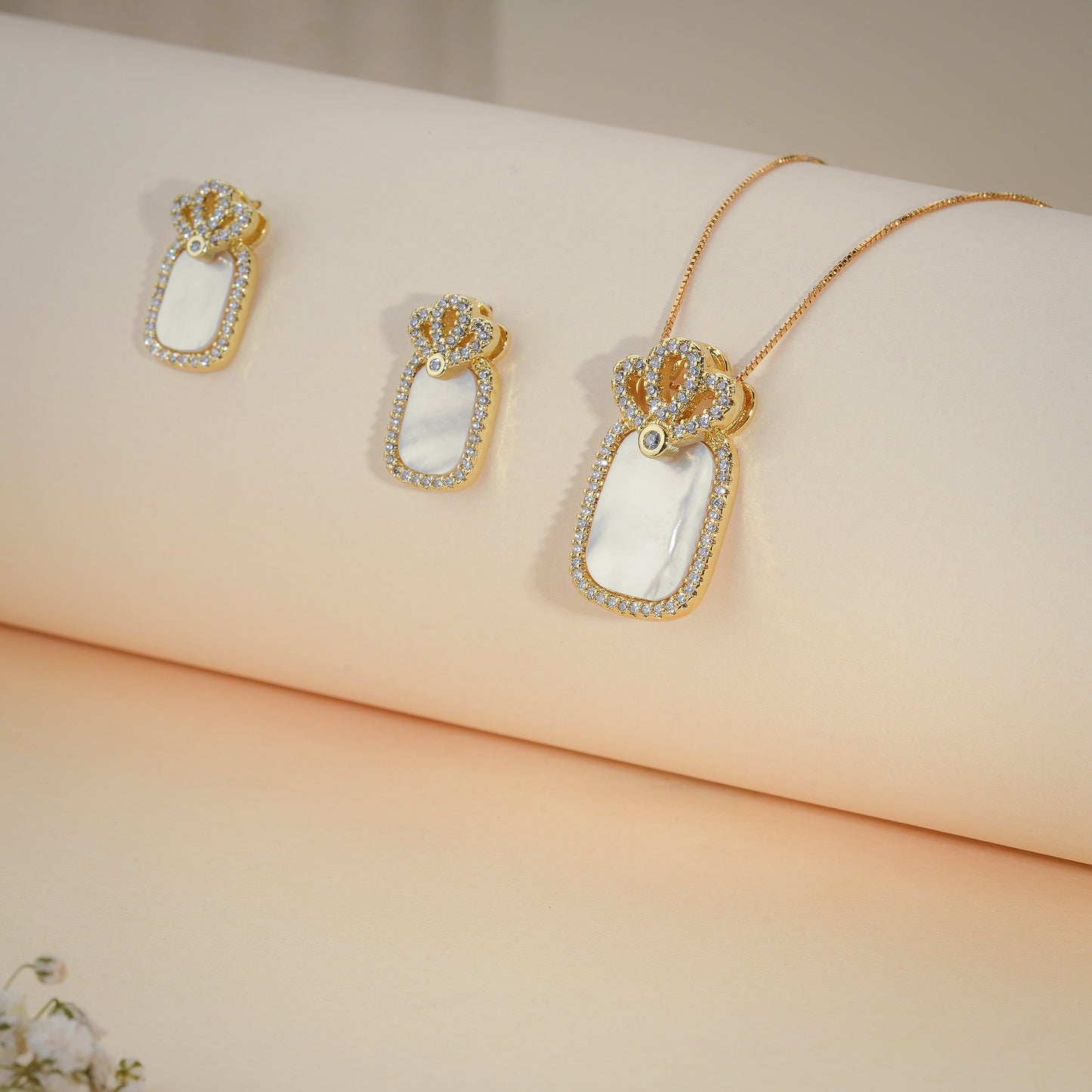 Royal Crown Pearl Pendant & Earrings Set