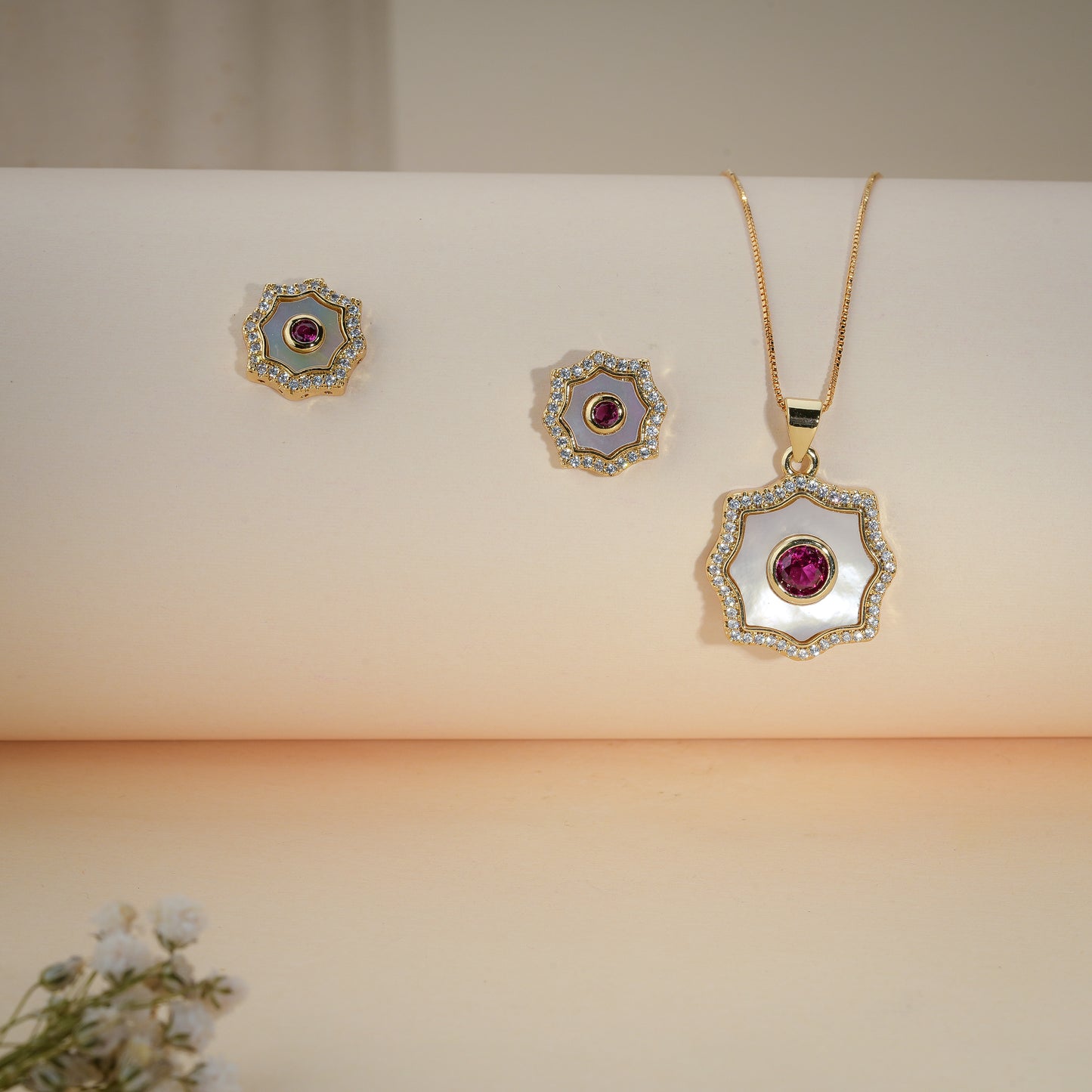 Floral Ruby Crystal Pendant Necklace & Stud Earrings Set – Gold Plated Jewelry