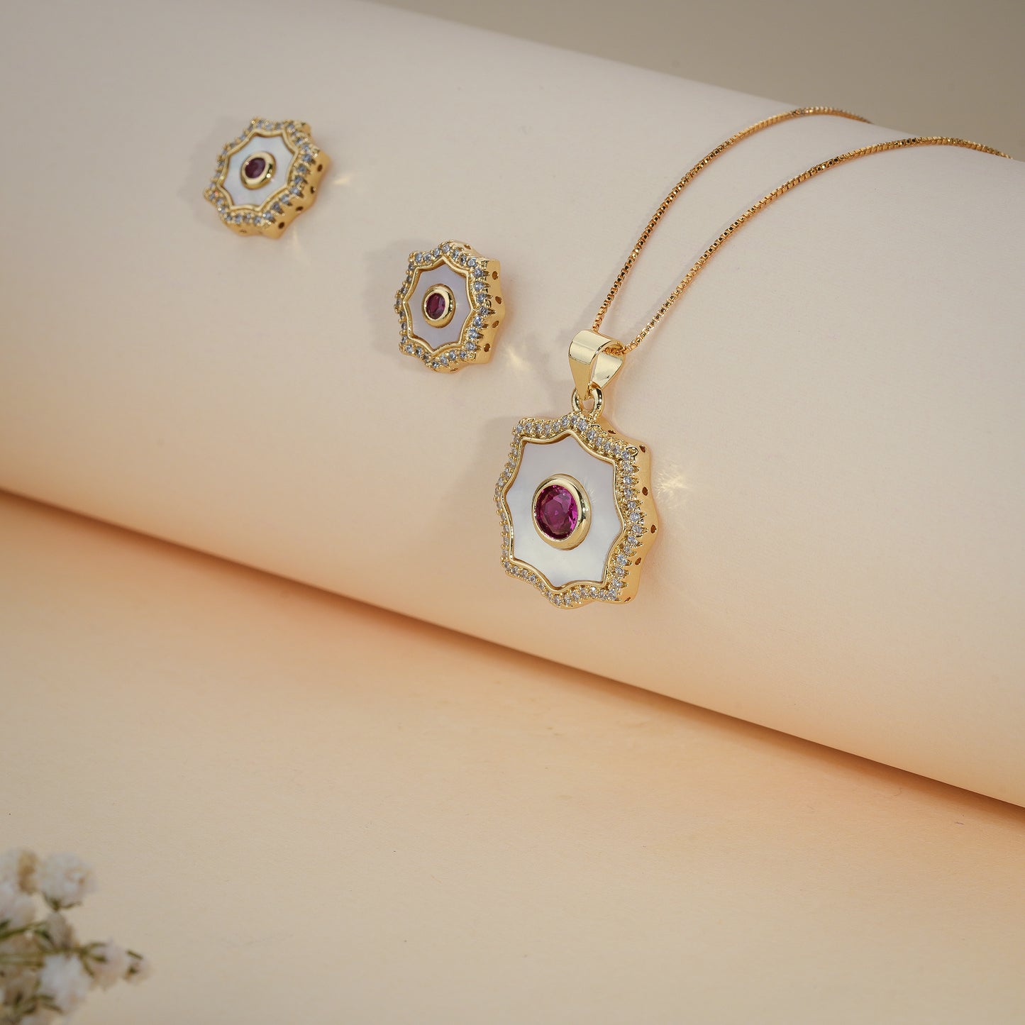 Floral Ruby Crystal Pendant Necklace & Stud Earrings Set – Gold Plated Jewelry